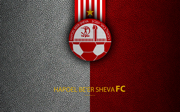 Hapoel Beer Sheva FC, 4k, calcio, logo, simbolo, texture in pelle, Israeliano football club, Ligat HaAl, Beer Sheva, Israele, Israeliano Premier League