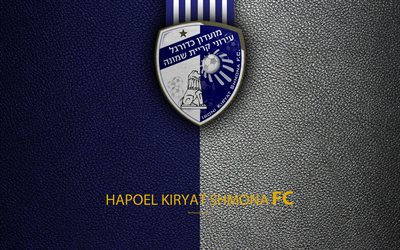 Hapoel Kiryat Shmona FC, 4k, football, logo, emblem, leather texture, Israeli football club, Ligat HaAl, Kiryat Shmona, Israel, Israeli Premier League