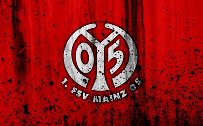 FC Mainz 05, 4k, logo, Bundesliga, stone texture, Germany, Mainz 05, soccer, football club, Mainz 05 FC