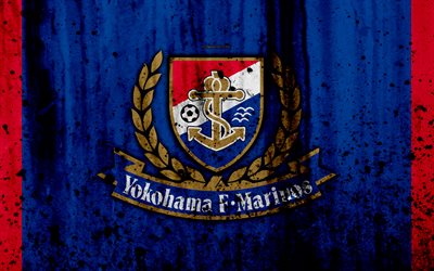 FC Yokohama Marinos, 4k, logo, J-League, stone texture, Japan, Yokohama Marinos, soccer, football club, Yokohama Marinos FC