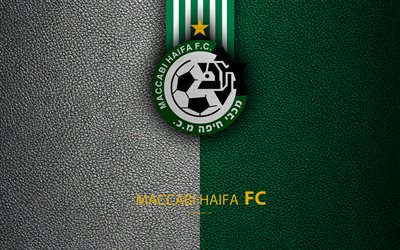 Maccabi Haifa FC, 4k, football, logo, Maccabi emblem, leather texture, Israeli football club, Ligat HaAl, Haifa, Israel, Israeli Premier League