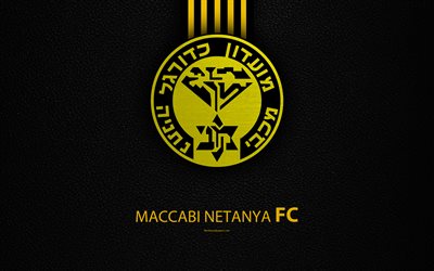 Maccabi Netanya FC, 4k, di calcio, di Netanya, logo, simbolo, texture in pelle, Israeliano football club, Ligat HaAl, Netanya, Israele, Israeliano Premier League