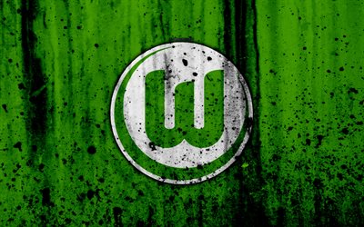 FC Wolfsburg, 4k, logo, Bundesliga, stone texture, Germany, Wolfsburg, soccer, football club, Wolfsburg FC