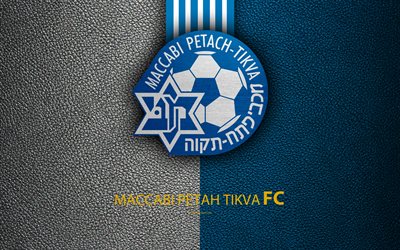 Maccabi Petah Tikva FC, 4k, football, logo, emblem, leather texture, Israeli football club, Ligat HaAl, Petah Tikva, Israel, Israeli Premier League