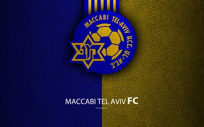 Maccabi Tel Aviv FC, 4k, football, logo, emblem, leather texture, Israeli football club, Ligat HaAl, Tel Aviv, Israel, Israeli Premier League