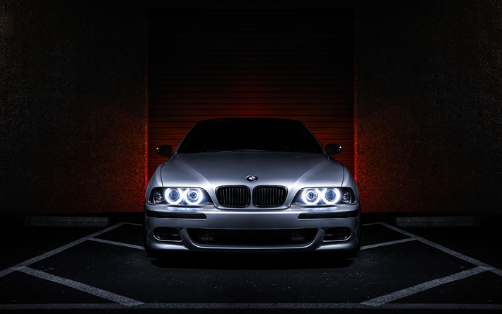 BMW M5, parcheggio, parcheggio gratuito, E39, fari, argento M5, le auto tedesche, BMW