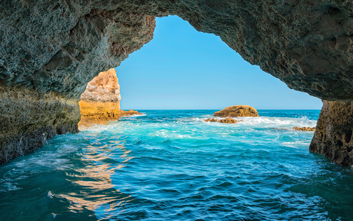 Portugal, mar, rochas, ver&#227;o, costa, Algarve, Europa