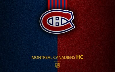 Montreal Canadiens, HC, 4K, hockey team, NHL, leather texture, logo, emblem, National Hockey League, Quebec, Canada, hockey, Eastern Conference, Atlantic Division