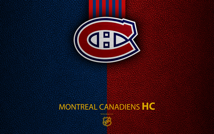 montreal canadiens, hc -, 4k -, hockey-team, nhl, leder textur, logo, emblem, national hockey league, qu&#233;bec, kanada, hockey, eastern conference, atlantic division