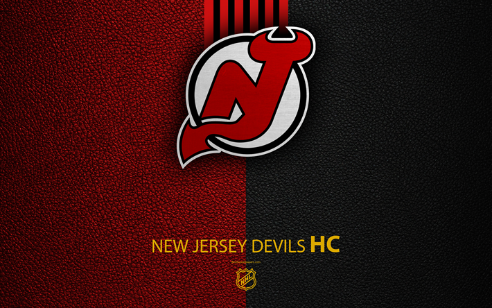New Jersey Devils, HC, 4K, hockey team, NHL, leather texture, logo, emblem, National Hockey League, Newark, New Jersey, USA, hockey, Eastern Conference, Metropolitan Division