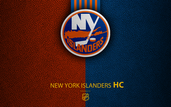 New York Islanders, HC, 4K, hockey team, NHL, leather texture, NY Islanders logo, emblem, National Hockey League, New York, USA, hockey, Eastern Conference, Metropolitan Division