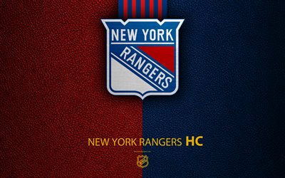 New York Rangers, HC, 4K, hockey team, NHL, leather texture, NY Rangers, logo, emblem, NY, National Hockey League, New York, USA, hockey, Eastern Conference, Metropolitan Division