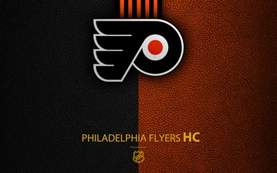 Philadelphia Flyers, HC, 4K, hockey team, NHL, leather texture, logo, emblem, National Hockey League, Philadelphia, Pennsylvania, USA, hockey, Eastern Conference, Metropolitan Division