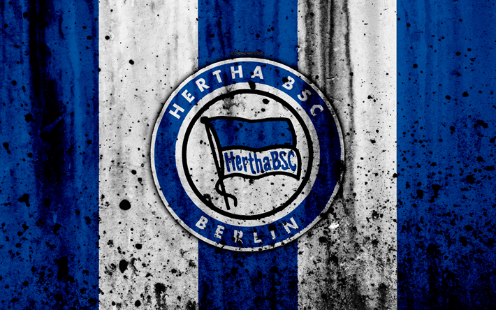 FC Hertha, 4k, logo, Bundesliga, textura de pedra, Alemanha, Hertha, futebol, clube de futebol, Hertha FC