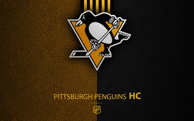 Pittsburgh Penguins, HC, 4K, hockey team, NHL, leather texture, logo, emblem, National Hockey League, Pittsburgh, Pennsylvania, USA, hockey, Eastern Conference, Metropolitan Division