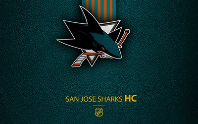 San Jose Sharks, HC, 4K, hockey team, NHL, leather texture, logo, emblem, National Hockey League, San Jose, California, USA, hockey, Western Conference, Pacific Division