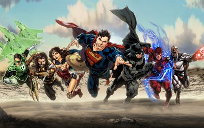 Justice League, superhj&#228;ltar, Superman, Wonder Woman, Batman, Cyborg, Blixt, Aquaman, konst, 2017 film