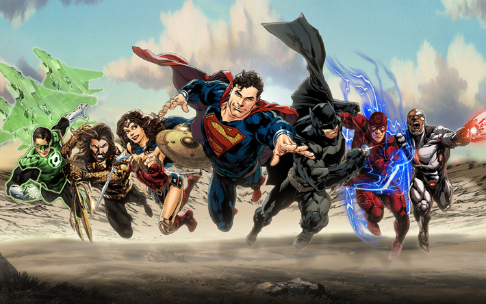 Justice League, supereroi, Superman, Wonder Woman, Batman, Cyborg, Flash, Aquaman, arte, 2017 film