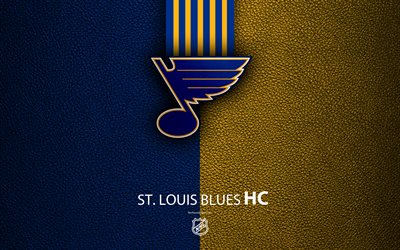 St Louis Blues, HC, 4K, hockey team, NHL, leather texture, logo, emblem, National Hockey League, St Louis, Missouri, USA, hockey, Western Conference, Central Division