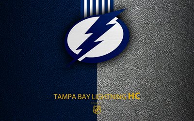 Tampa Bay Lightning, HC, 4K, hockey team, NHL, leather texture, logo, emblem, National Hockey League, Tampa, Florida, USA, hockey, Eastern Conference, Atlantic Division