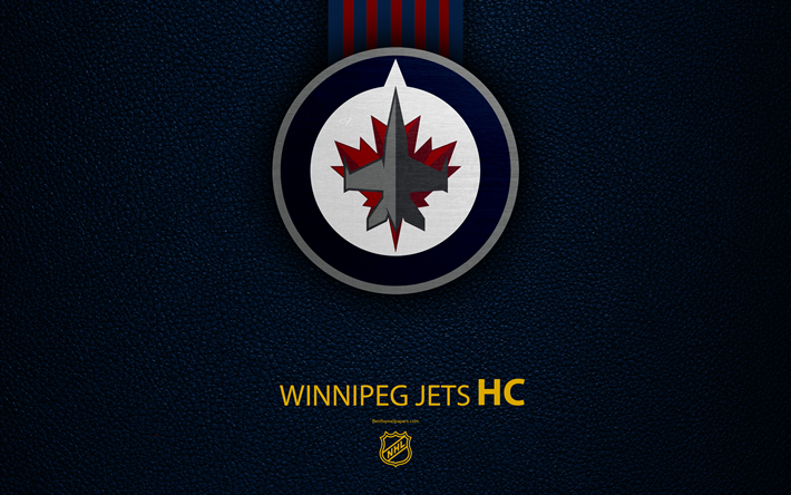 winnipeg jets-hc -, 4k -, hockey-team, nhl, leder textur, logo, emblem, national hockey league, winnipeg, kanada, usa, hockey, western conference, central division