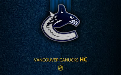 Vancouver Canucks, HC, 4K, hockey team, NHL, leather texture, logo, emblem, National Hockey League, Vancouver, British Columbia, Canada, USA, hockey, Western Conference, Pacific Division
