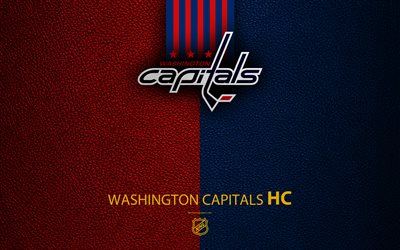 Washington Capitals, HC, 4K, hockey team, NHL, leather texture, logo, emblem, National Hockey League, Washington, USA, hockey, Eastern Conference, Metropolitan Division