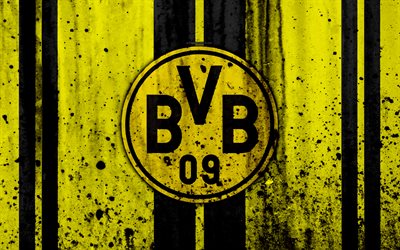 FC Borussia Dortmund, 4k, logo, Bundesliga, stone texture, Germany, Borussia Dortmund, soccer, football club, Borussia Dortmund FC