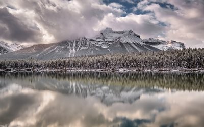 winter, mountain lake, snow, forest, Alberta, Canada