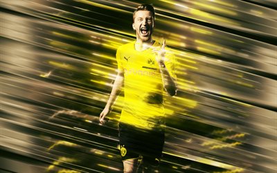 Marco Reus, 4k, arte criativa, l&#226;minas de estilo, O Borussia Dortmund, Futebolista alem&#227;o, Bundesliga, Alemanha, amarelo criativo fundo, futebol
