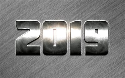 2019 year, Happy New Year, 2019 concepts, silver numbers, gray metal texutra, steel numbers, creative art, 2019 background, silver digits