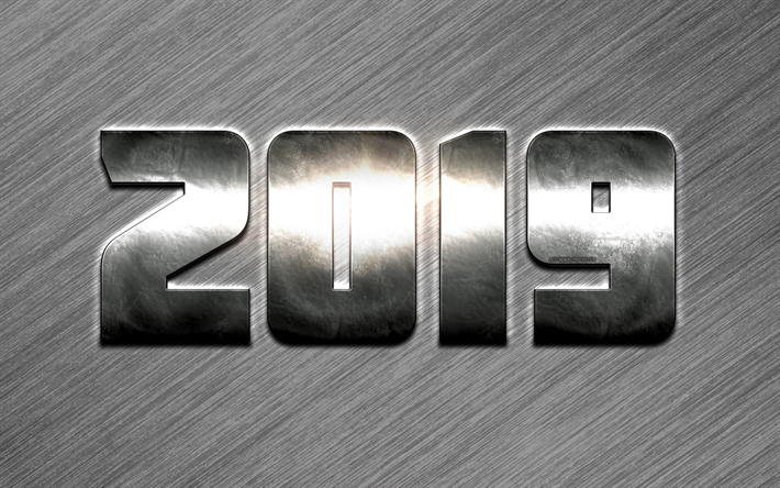 2019 jahr, gl&#252;ckliches neues jahr 2019 konzepte, silber -, zahlen -, grau-metall texutra, stahl-nummern, kreative kunst, 2019 hintergrund, silberne ziffern