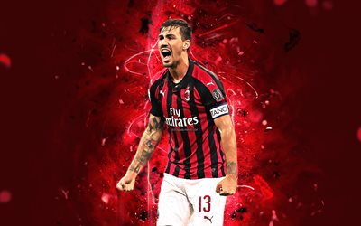 Alessio Romagnoli, f&#246;rsvarare, italienska fotbollsspelare, AC Milan, fotboll, Serie A, Romagna, neon lights, Milan FC, kreativa