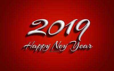 Happy New Year 2019, retro typography, creative, 2019 year, red background, xmas decoration, 2019 concepts