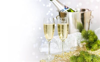 champagne, New Year, Christmas, glasses of champagne, decorations, Christmas tree