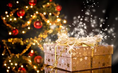 weihnachten, geschenk, neujahr, abend, beleuchtung, bewegungsunsch&#228;rfe, geschenk-box, seide bogen, weihnachten hintergrund