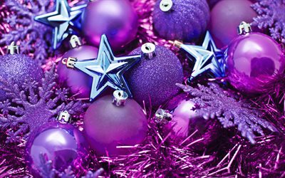 Christmas decoration, purple balls, stars, Happy New year, purple decoration, xmas decoration, Christmas, close-up