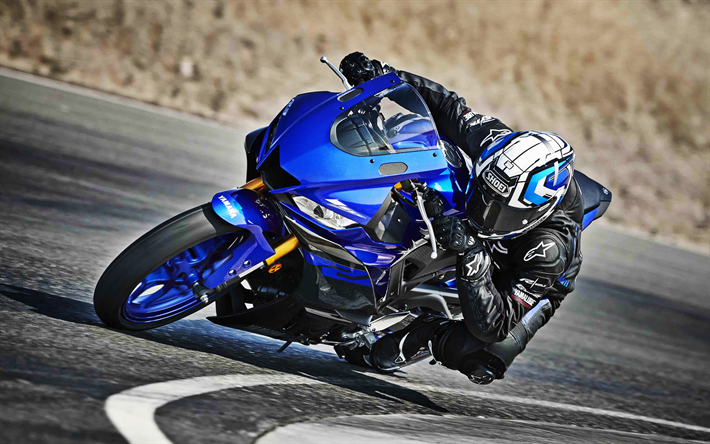 A Yamaha YZF-R3, piloto, pista de rolamento, 2019 motos, sbk, azul YZF-R3, Yamaha