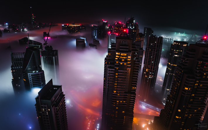 Dubai, fog, cityscapes, nightscapes, skyscrapers, United Arab Emirates, UAE