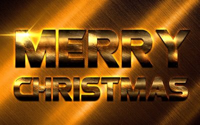 Merry Christmas, Art, golden inscription, New Year, Christmas, golden iron background, gold steel letters