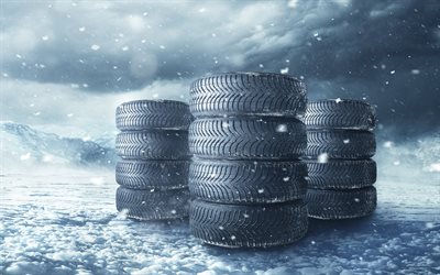 winter tires, 4k, winter, snow, drifts, winter wheels, car wheels, snowfall