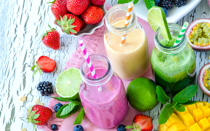 4k, fruit smoothies, berries, fruit, breakfast, smoothie in jars, healthy food