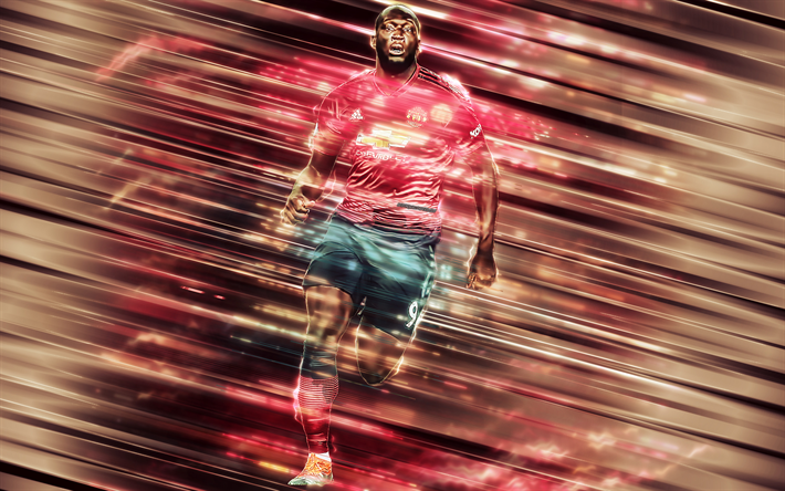 Romelu Lukaku, 4k, arte creativa, lame di stile, il Manchester United, il calciatore Belga, Premier League, MU FC, Inghilterra, sfondo rosso, calcio, Lukaku