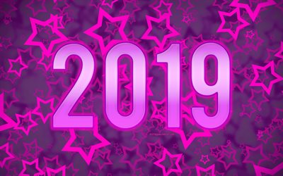 Happy New Year 2019, stars, purple background, creative, 2019 concepts, 3d digits, 2019 year