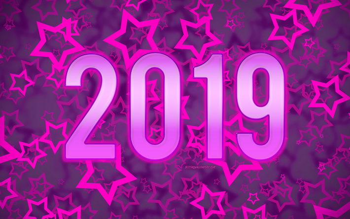 Feliz Nuevo A&#241;o 2019, las estrellas, fondo p&#250;rpura, creativo, 2019 conceptos, 3d d&#237;gitos, a&#241;o 2019