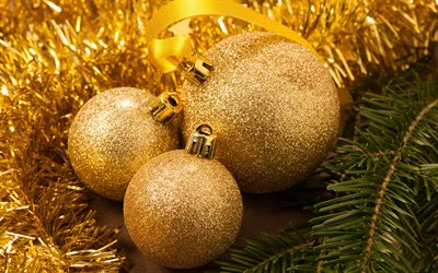 golden Christmas balls, New Year, Christmas, decoration, evening, glittering, Christmas tree, Happy New Year