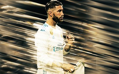 Sergio Ramos, 4k, kreativ konst, blad stil, Real Madrid, Spansk fotbollsspelare, Ligan, Spanien, gr&#229; bakgrund, fotboll