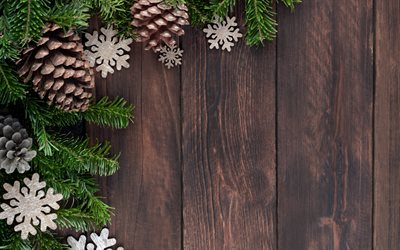 Natale, marrone, di legno, sfondo, capodanno, coni, fiocchi di neve, decorazione