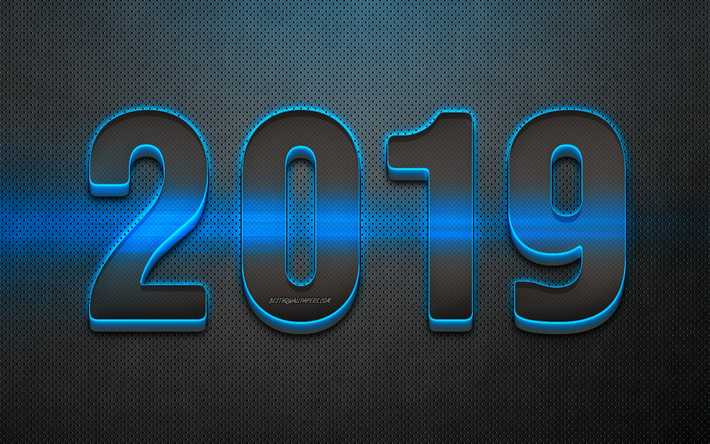 2019 2019 yılı, 3D rakam, metal, arka plan, mavi neon, 2019 kavramlar, Yeni yılınız kutlu olsun, yaratıcı