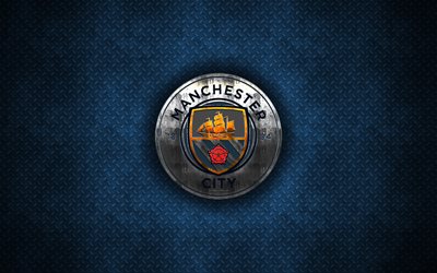 Le Manchester City FC, 4k, logo en m&#233;tal, art cr&#233;atif, club de football anglais de Premier League, embl&#232;me, bleu m&#233;tal, fond, Manchester, en Angleterre, le football